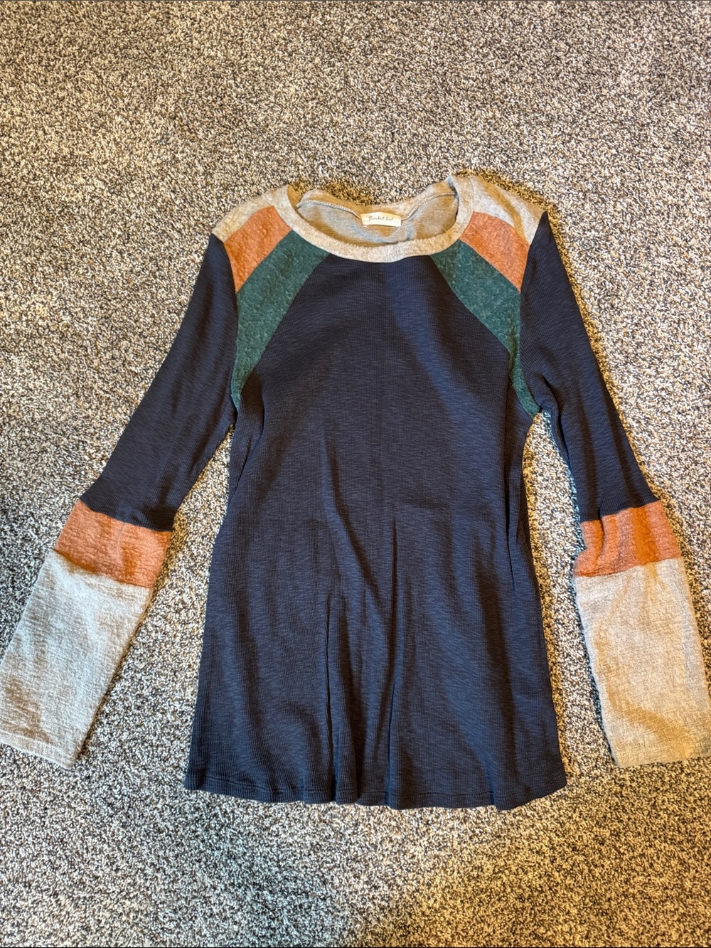 BUCKETLIST Navy Top with Teal & Beige Accents